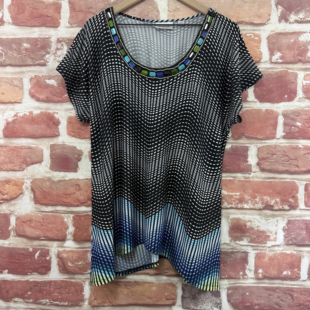 Avenue Top Women's 14/16 Multicolor Striped Abstract Beaded Neck Stretchy Shirt
